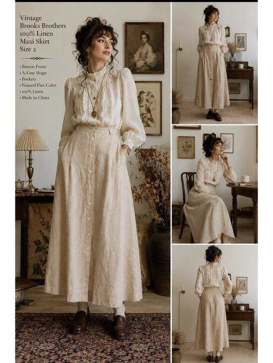 Brooks Brothers Dresses & Skirts - Vintage Brooks Brothers Linen Maxi Skirt Size 2 Button Front Pockets A-Line
